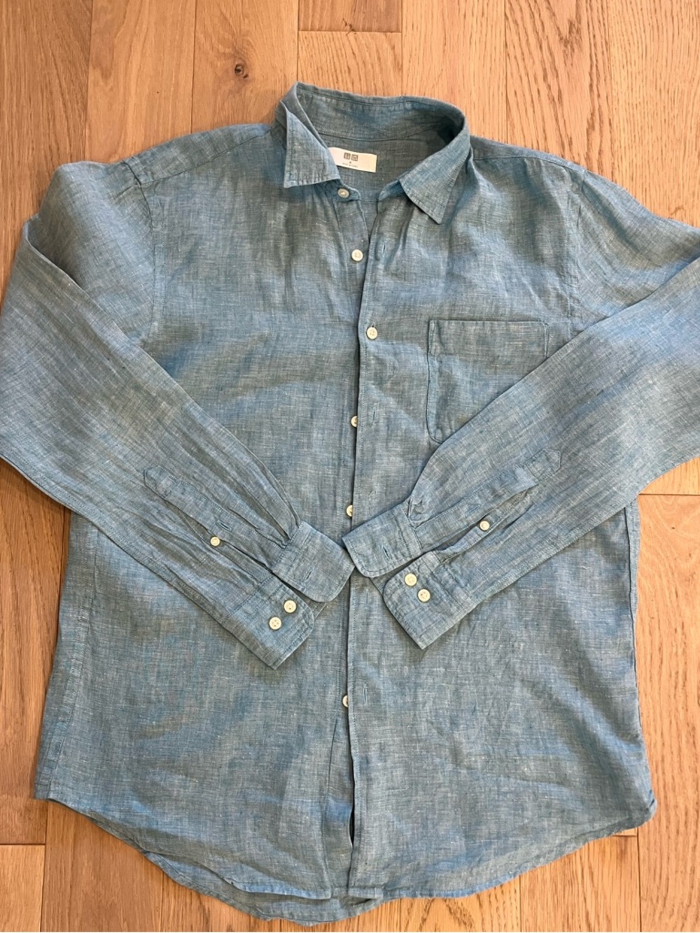 Uniqlo 100% Linen Long Sleeve Shirt - Slate/Teal Blue - Good Used Condition